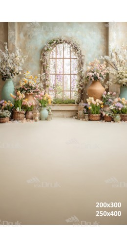 Tło fotograficzne „Wiosenne okno z pastelowymi tulipanami i ceramiką” | E638